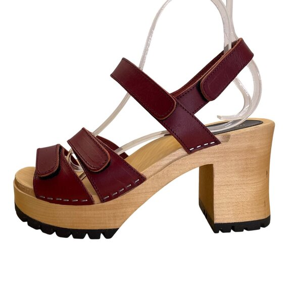 Hasbeens Swedish Women’s Burgundy Leather Wooden Platform Sandals Size US 10 - Picture 4 of 8